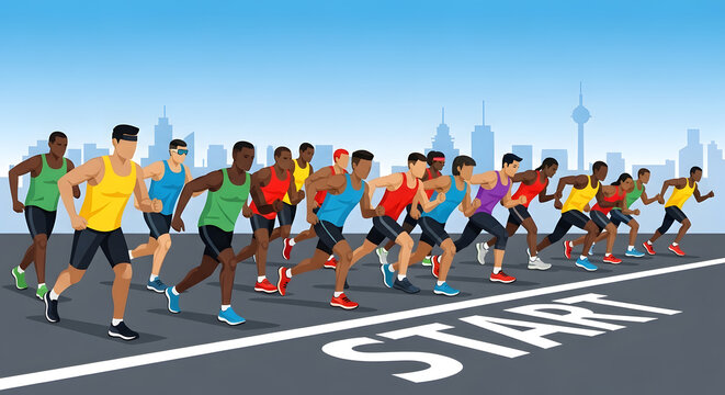 Diverse Male Runners at City Race Starting Line. Fitness, Competition, Marathon, and Athletic Event Concept.