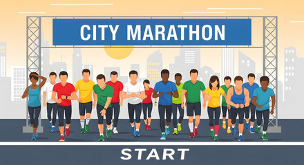 Diverse Runners at City Marathon Start Line. Urban Race with Athletes. Flat Vector Illustration.