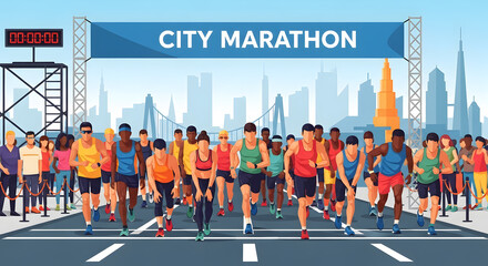 Diverse Runners Ready at City Marathon Start Line with Urban Skyline Background