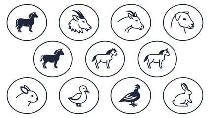 Silhouette and outline icons of farm animals and a duckling Keywords: horse silhouette, goat head, cow head, dog head, horse, goat, cow, dog, rabbit, duck, chicken, farm animals, animal