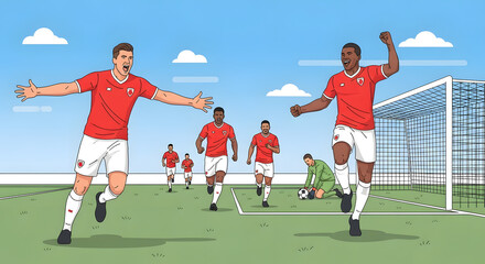 Fototapeta premium Excited Soccer Players Celebrating a Goal on the Field - Team Victory Moment