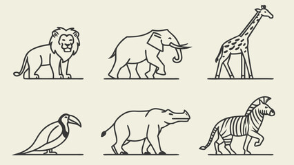 Six Stylized African Wildlife Animals In Outline With Minimalist Style lion elephant