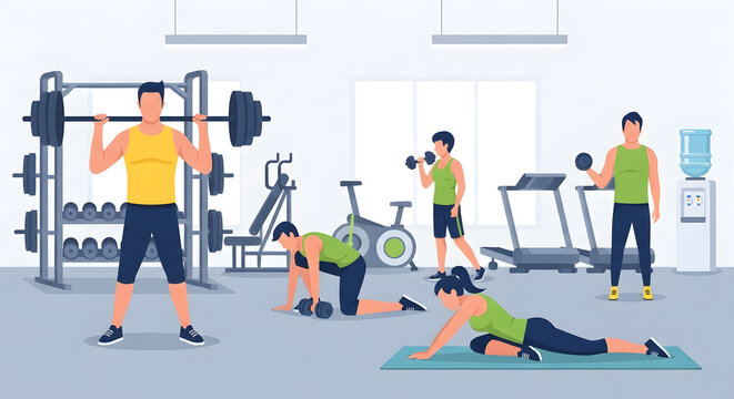Active people exercising in a modern gym with fitness equipment. Strength training, cardio, and stretching for health and well-being.