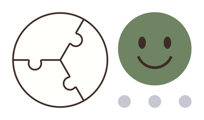Globe puzzle symbolizing connection and teamwork beside a smiling green face representing positivity, well-being, and happiness. Ideal for diversity, problem-solving, global unity, teamwork