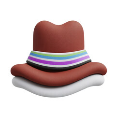 A 3D rendered fedora hat with a striped band sits atop a white brimmed hat