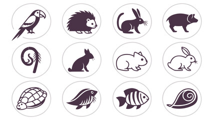Obraz premium Twelve Circular Icons Featuring Stylized Dark Purple Animal Silhouettes toucan parrot