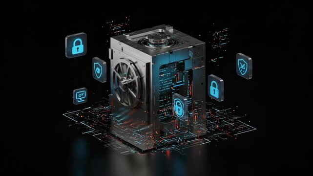 Metallic Cube with Glowing Security Icons and Data Particles on Dark Background