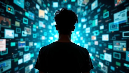 A person’s silhouette surrounded by glowing notification icons and endless scrolling visuals, symbolizing internet overuse.
