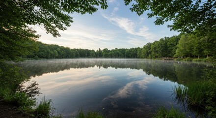 Naklejka premium Serene Lake at Dawn with Morning Mist and Forest Reflection