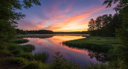 Obraz premium Serene Lake at Sunrise with Fiery Sky Reflection