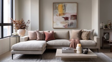 Taupe sectional sofa in minimal living space, dusty rose accents and abstract art, modern cozy atmosphere