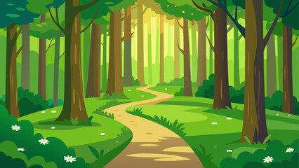 A winding path through a cartoon forest