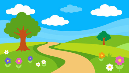 Obraz premium Cartoon landscape with path and flowers