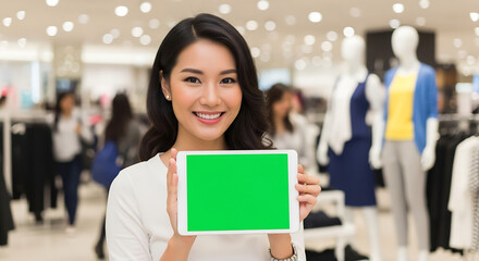 Young woman holding a tablet with a green screen in a clothing store, smiling at the camera