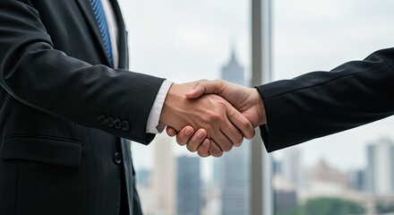 Two businessmen shaking hands wearing black suits in front of a blurred cityscape