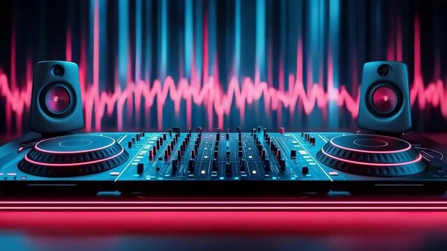 DJ controller audio mixer speaker neon light electronic music nightclub party vibrant modern performance mixing console energetic soundwave modern