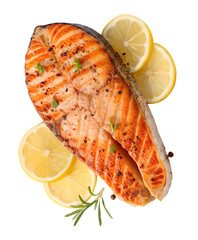 Top view of grilled salmon steak with lemon slices and spices isolated and generated with AI in png file format