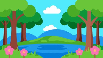 Cartoon landscape with trees and a lake