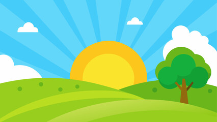 Fototapeta premium Cartoon landscape with sun and green hills