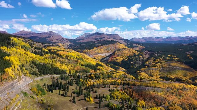 Fall Colors in San Juan Mountains with Vibrant Yellow Aspen Drone Shot