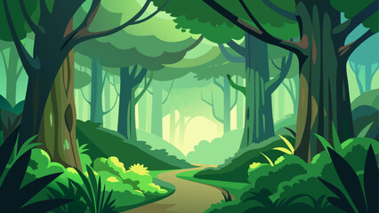 A cartoon forest with a winding pathway view