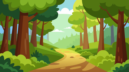 Cartoon forest path with green trees view