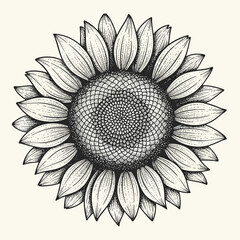 A detailed handdrawn black and white sunflower illustration in a vintage botanical style.