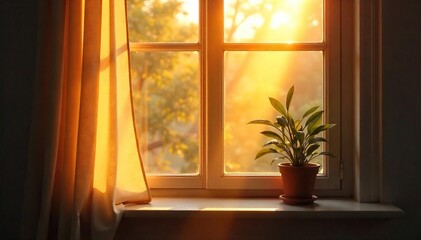 Golden hour sunlight streams through a window, illuminating dust motes dancing in the warm, lazy rays of a Sunday morning  Perfect for relaxation and peaceful vibes ,  sunlit,  stillness