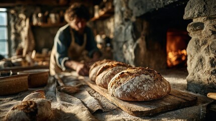 Authentic Rustic Village Bakery Interior Featuring Wood-Fired Oven and Craftsman Creating Artisanal Bread Evoking Heritage and Culinary Passion