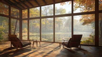 Serene lakeside retreat featuring autumn foliage seen from a windowed cabin interior
