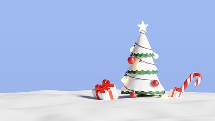 Christmas tree with gifts on snow ground with blue background. 3d rendering
