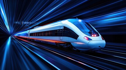 Futuristic high-speed train in motion through a neon tunnel