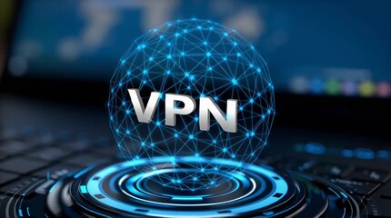 An artistic rendering of a VPN symbol, symbolizing secure internet connectivity and data protection, displayed over a blurred digital background. - Powered by Adobe