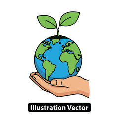 Caring for the environment with a hand holding the globe and a new green plant growing