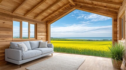 Fototapeta premium Modern Interior with Panoramic Window View of Yellow Flower Field Landscape