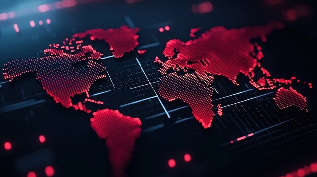 Digital world map with red dot matrix design