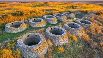 Aerial view of ancient stone structures amid golden grasses at sunrise, reminiscent of historical