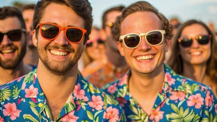 Two smiling men wear sunglasses and floral shirts at a lively outdoor event, surrounded by a cheerful crowd.