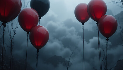 Eerie scene featuring red balloons floating amidst a misty, mountainous landscape, evoking a sense of suspense and dread, reminiscent of a horror film setting