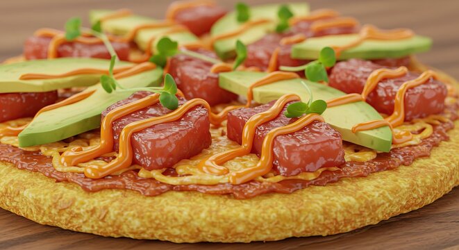 Closeup of a pizza adorned with diced tuna avocado slices sprouts and an orange drizzle on a wooden surface - Powered by Adobe