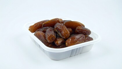 Dried dates in a white plastic container