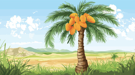 Detailed Colorful Vector Palm Trees in Desert – Vibrant Tropical Landscape Illustration with Exotic Oasis, Sand Dunes, and Nature Elements for Creative Design Projects