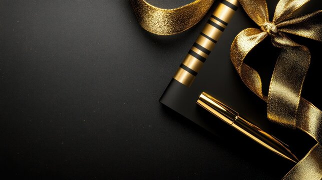 Luxury black backdrop presenting golden stationery for elegant occasions and celebrations