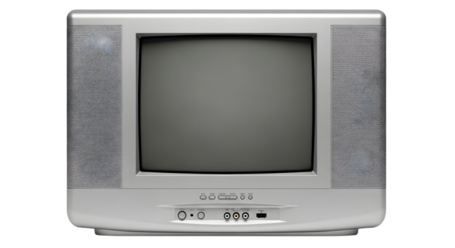 Early 2000s Silver CRT Television on White Background, Retro TV Flat Screen Style. vintage television, retro tv monitor frame, analog screen, old school design. Clipping path.