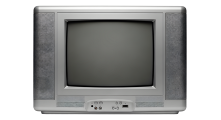 Early 2000s Silver CRT Television on White Background, Retro TV Flat Screen Style. vintage television, retro tv monitor frame, analog screen, old school design. Clipping path.