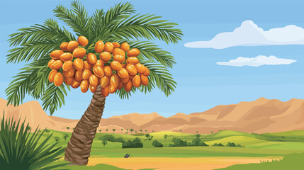 Detailed Colorful Vector Palm Trees in Desert – Vibrant Tropical Landscape Illustration with Exotic Oasis, Sand Dunes, and Nature Elements for Creative Design Projects