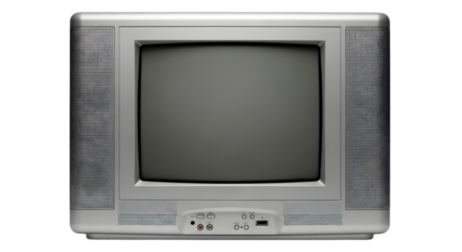 Early 2000s Silver CRT Television on White Background, Retro TV Flat Screen Style. vintage television, retro tv monitor frame, analog screen, old school design. Clipping path.