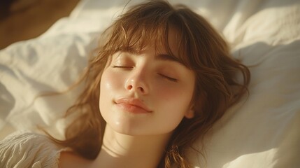 Relaxed young woman resting peacefully in bed, bathed in sunlight