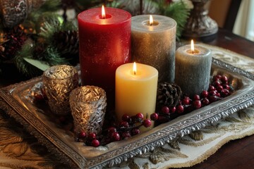 Festive Candle Arrangement with Berries and Pinecones on Silver Tray