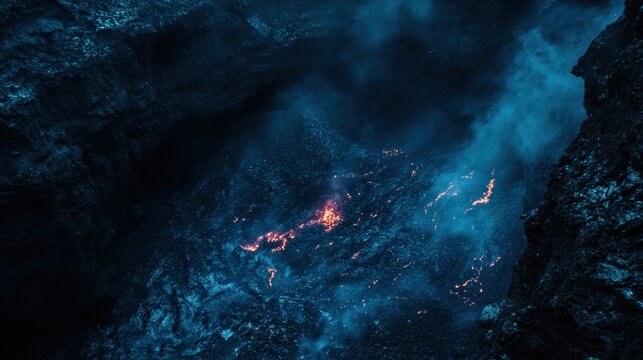 Ethereal depiction featuring dark rock formations accented with glowing lava patterns